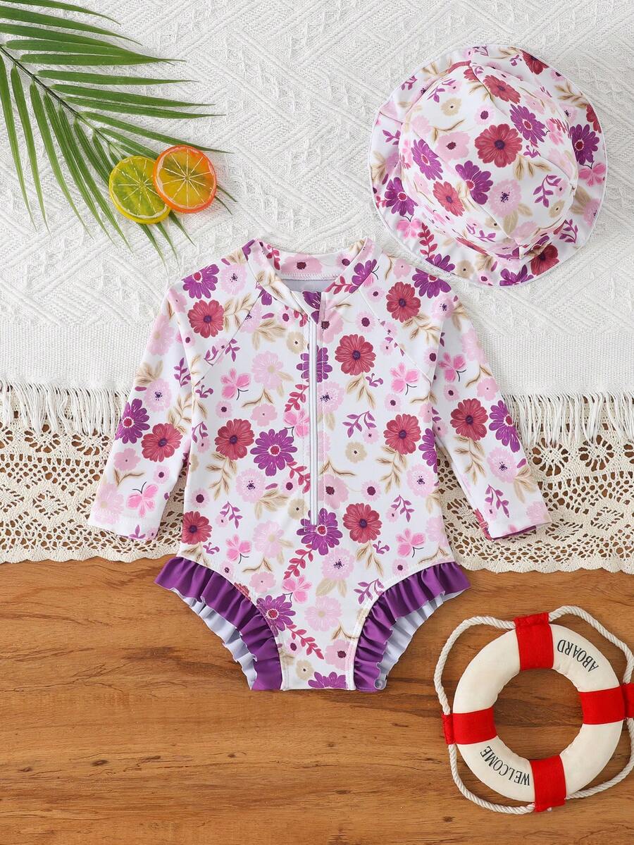 Newborn Baby Girls' One-Piece Long Sleeve Floral Print Swimsuit With Ruffled Trim & Swim Cap, 2pcs Set, Suitable For Vacation, Summer Fashion, Swimming Pool, Beach, Holiday Party - Multicolor - View 1