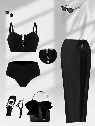 Swim Oasis Conjunto de bikini y tanga triangular de unicolor para playa de mujer de talla grande con falda