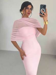 YkhahaFirerie Vestido ajustado con cuello de volantes, cintura plisada y asimétrico en color amarillo sólido elegante y romántico, atuendo para la playa, aeropuerto, vacaciones, maestros, otoño para mujeresYkhaha - Rosa Pálido - Ver 4