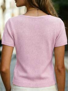 SHEIN 女士纯色镂空V领短袖针织上衣 - 粉色 - 查看 2