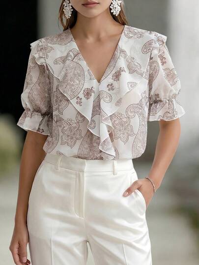 Editum Women's Elegant V-Neck Ruffle Trim 3/4 Sleeve Blouse, Casual Shirt, Vacation Shirt, Summer Holiday Shirt, Beach Vacation Shirt, Commuter Shirt, Multi-Occasion Versatile Shirt