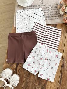 SHEIN Vintaside Kids 女婴四件套休闲百搭可爱短裤套装，夏季 - 棕色 - 查看 2