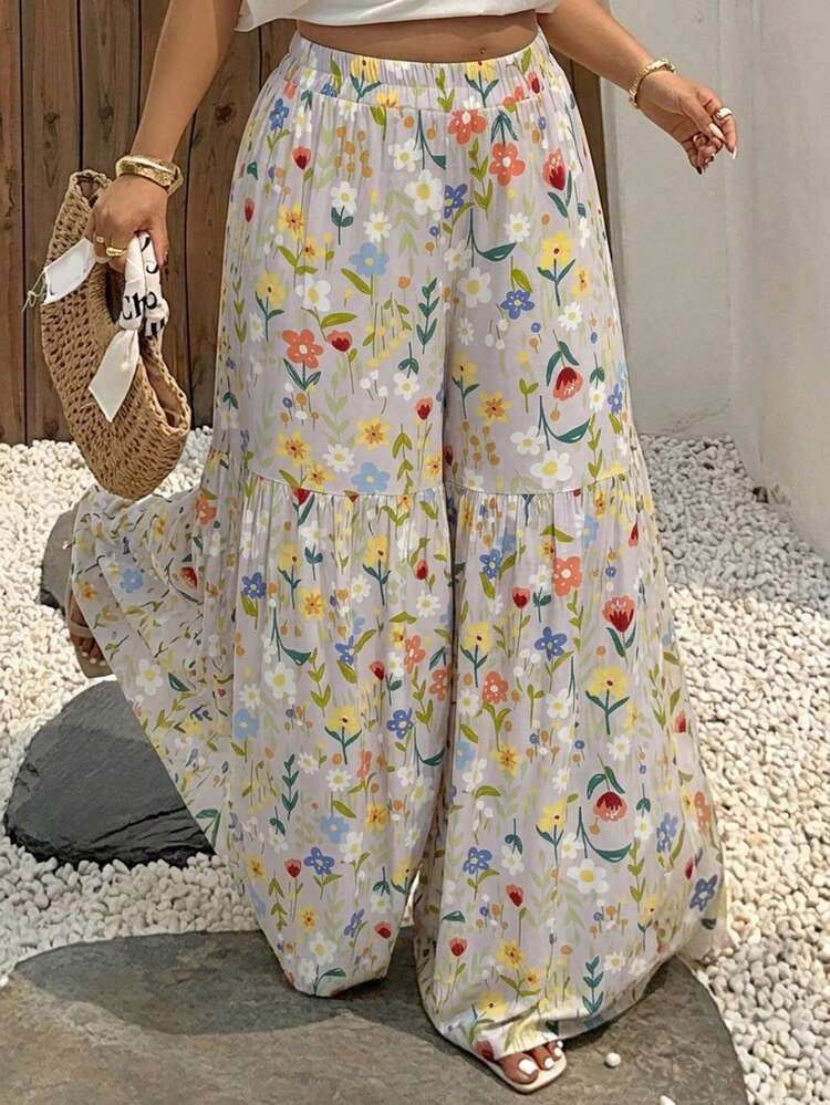 Dazy Plus Women's Lightweight Ditsy Floral Loose Wide Leg Pajama Pants, Elegant Plus Size Home Wear For Spring & Summer