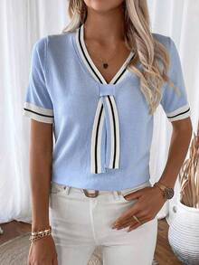 EMERY ROSE Women's Striped V-Neck Short Sleeve Casual Knit Top - Baby Blue - View 4