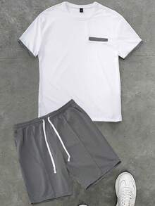 Manfinity Homme Conjunto casual de camiseta de manga corta de cuello redondo y pantalones cortos con contraste de color para hombre - Multicolor - Ver 3