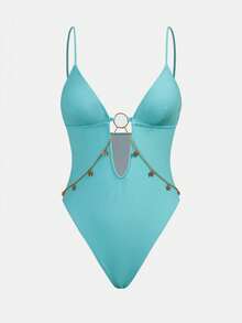 Maija Women's Vacation Chain Decor Sexy Camisole One-Piece Swimsuit Beach Party Aqua Blue Summer - Mint Blue - View 6