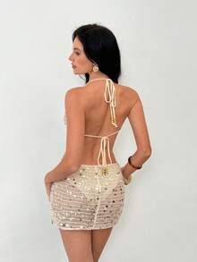SHEIN Hollow Out Sequin Crochet Dress Women Sexy Halter Twist Backless Beach Cover Up Mini Dress - Apricot - View 2