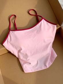 Comfortcana 女款粉色墊肩內衣背心，夏季休閒日常配色拼接飾邊吊帶衫，海灘節慶多功能度假鄉村風上衣 - 粉色 - 查看 3