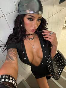 StreetHx 女士黑色深V领金属装饰迷你连衣裙 - 黑色 - 查看 5