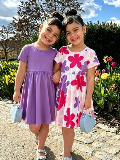 SHEIN Elladie kids 2pcs/Set Toddler Girls' Short Sleeve Dress, Solid Lavender & Floral Print Colorblock, Round Neck + Elastic Waist A-Line, Soft Knit Fabric, Comfortable & Breathable, Versatile Casual & Party Wear, Suitable For School, Vacation, Gathering, Summer