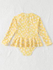 Sparklyn Traje de baño de una pieza con estampado floral pequeño para niña para vacaciones en la playa - Amarillo - Ver 2