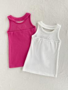 SHEIN Playful Pals 2件套女婴休闲运动街头时尚简约字母印花无袖连衣裙，适合春夏外出穿着 - 彩色 - 查看 3