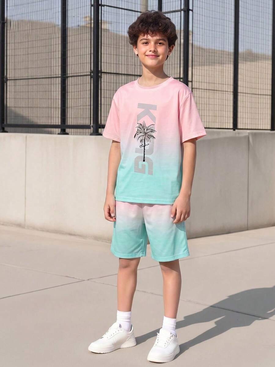 SHEIN Explorewe 男童棕榈树印花短袖T恤和短裤休闲两件套 - 粉色 - 查看 1