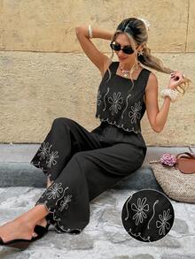 SHEIN Frenchy Bộ đồ 2 món dành cho nữ, thích hợp cho kỳ nghỉ, thêu hoa, gồm áo tank top và quần dài. - màu đen - Xem 3