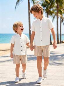 2pcs Set Casual Textured Fabric Half-Placket Shirt & Striped Shorts For Teenage Boys, Comfortable For Daily, Commute, Vacation - Khaki - View 3