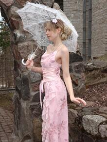 Kawaii ROMWE x Elena Katey 女士優雅印花交叉收腰荷葉邊高開衩連身裙 - 粉色 - 查看 6