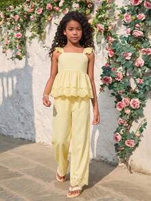 SHEIN Sparklyn Áo tank top hai dây màu vàng ôm sát, kiểu dáng thường ngày cho bé gái, thích hợp mặc đi nghỉ mát, du lịch, đi học và mặc hàng ngày. - Màu vàng - Xem 3