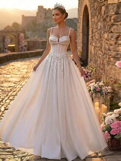 Glamrae Đầm maxi dài ngang gối màu trắng satin sang trọng, đính cườm thủ công tinh xảo, kiểu đuôi cá, dây buộc điều chỉnh được, phù hợp cho đám cưới, lễ tốt nghiệp, dã ngoại, nhà thờ hoặc các hoạt động ngoài trời.