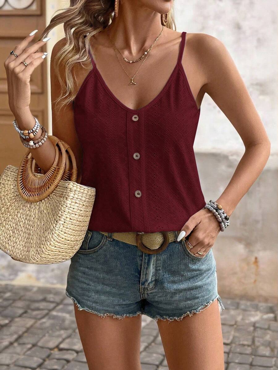 Brillora Áo camisole nữ màu trơn, thiết kế cài nút, kiểu dáng thường ngày. - Màu Đỏ Sâu - Xem 1