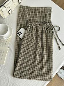Comfortcana Summer Solid Color Pleated Loose Drawstring Waist Casual 90s Wide Leg Pants, Plus Size Plaid Countryside Style Checkered Trousers For Women, Khaki - Multicolor - View 9