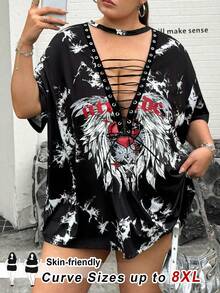 SHEIN CURVE+ 大码女式深V领短袖扎染性感T恤，适合约会、派对和其他场合 - 黑色 - 查看 3