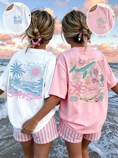 2pcs Girls Casual Creative Graphic Tees, Refreshing Summer Beach Themed Prints Like Palm Tree, Wave, Sun, Seagull, Marine Life Such As Whale, Jellyfish, Octopus, Seahorse, Shrimp, Starfish, Shell, Coral, Comfortable Basic Short Sleeve T-Shirts, White & Pink, Suitable For Spring, Summer, Cozy Summer Styles, Tops