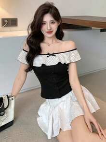 DAZY Women's Casual Contrast Color Bow Short Sleeve T-Shirt - Black and White - View 5