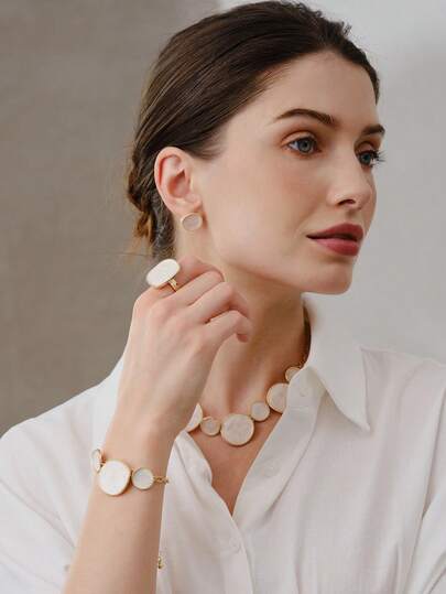 Opalesca 1pc Women White Geometric Pendant Necklace,1pc Bracelet,1pc Ring,1 Pair Earrings, Jewelry Set