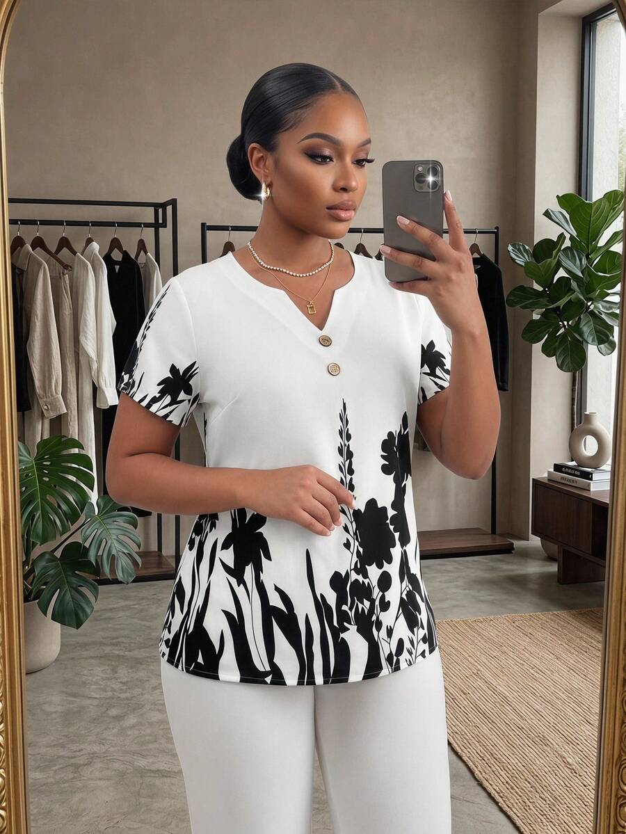 SHEIN Lady Plus Size Women V-Neck Floral Print Casual Versatile Daily Wear Top Gym Brown Summer - Black and White - View 1