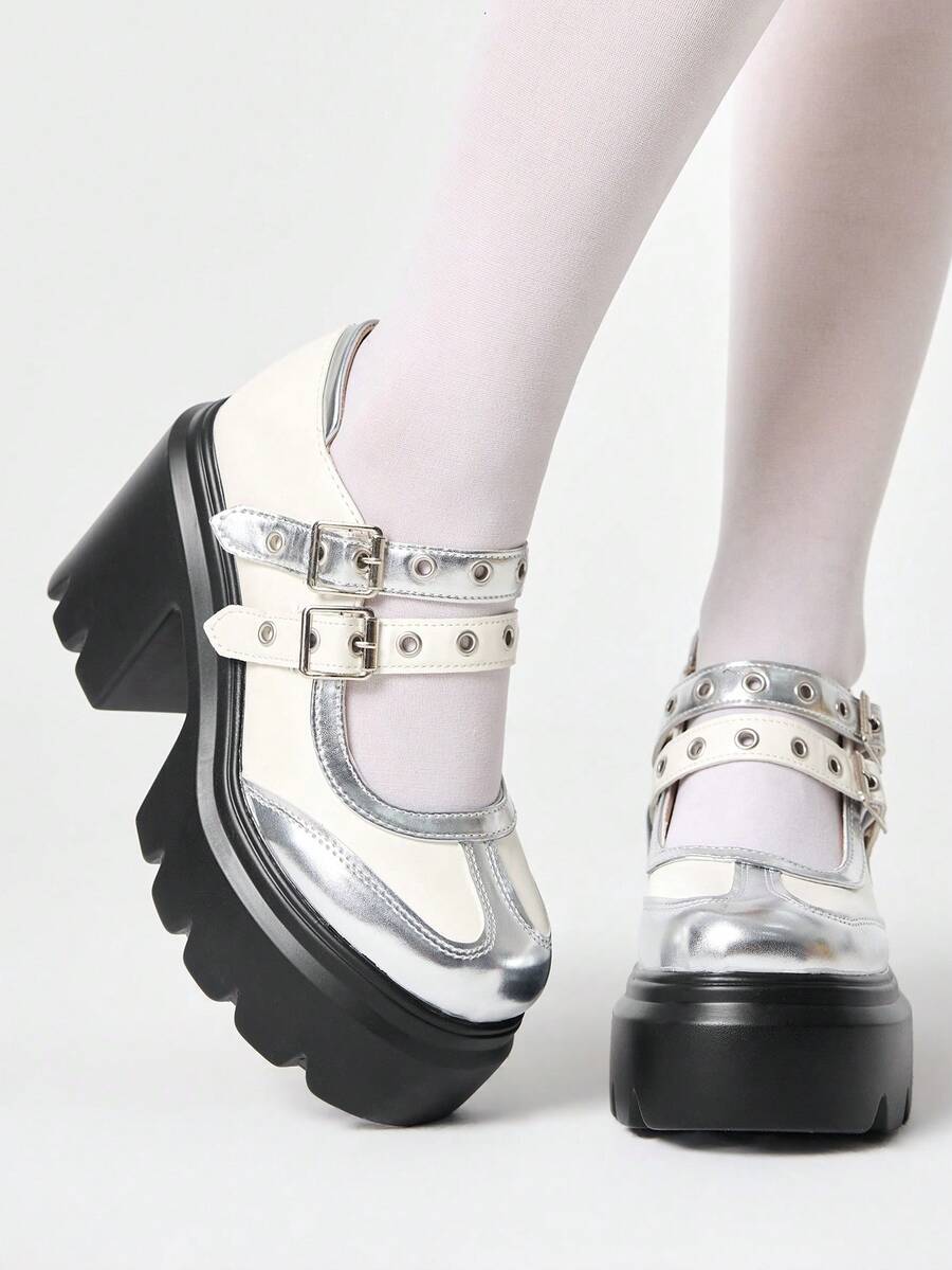ROMWE Kawaii Giày cao gót nữ Diablo phong cách Rock Punk Goth, mũi kín, kiểu Mary Jane, da nhỏ, gót thô, phong cách Brock Y2K, giày dự tiệc. - Bạc - Xem 1