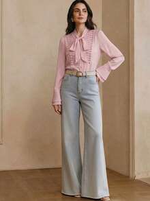 Anewsta Elegant Bowknot Tie Design Embroidered Beaded Women Blouse - Pink - View 5
