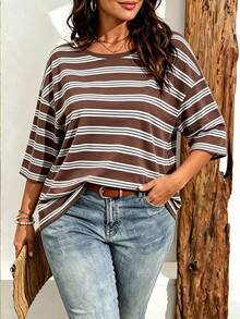 EMERY ROSE Plus Size Women's Fashion Minimalist Striped Print Drop Shoulder T-Shirt, Suitable For Summer Wear - Multicolor - View 5