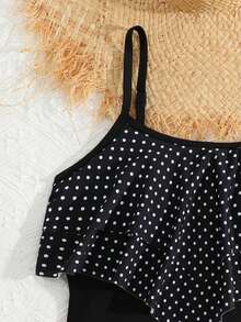 SHEIN Áo tắm liền thân cho bé gái tuổi teen, màu đen chấm bi trắng in kỹ thuật số, dây đeo có thể điều chỉnh, viền bèo nhún hai lớp, thời trang và thanh lịch, thích hợp cho bơi lội, kỳ nghỉ hè, bãi biển, hồ bơi, tiệc tùng ngày lễ. - Đen và trắng - Xem 4