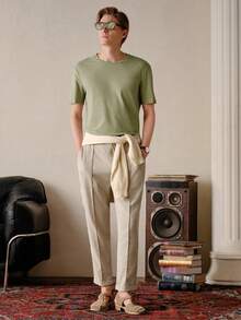 VeloEdit Khaki Color Men's Solid Color Tapered Pants, Fall Old Money, With Pocket & Drawstring, Basic, Father's Day Gift For Father & Boyfriend, Outfits For Men Summer - Khaki - View 2