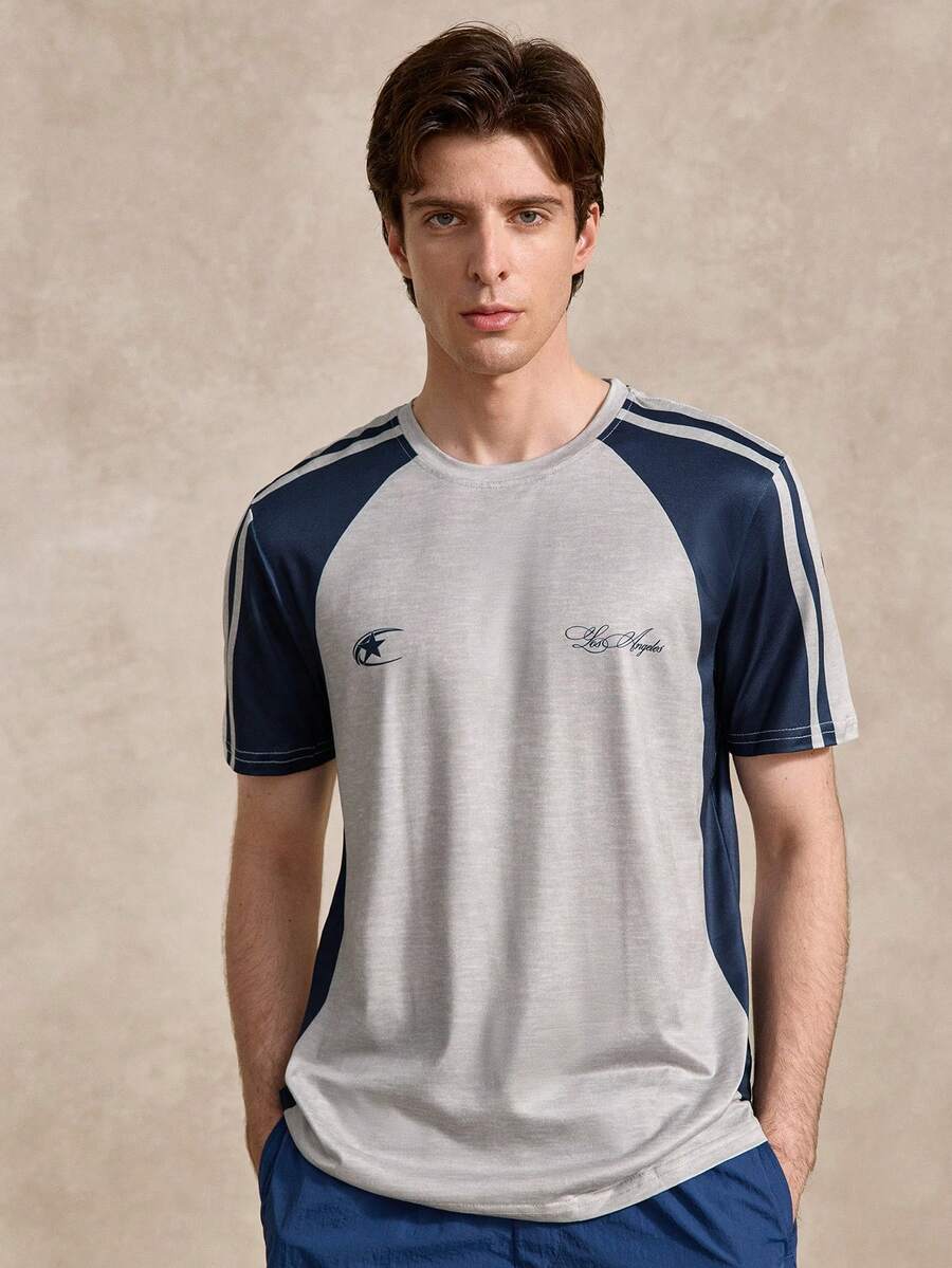 Courvante Vintage Sporty Chic Men's Casual Colorblock Short Sleeve T-Shirt Tennis, Knit Fabric Stripe, Letter, Summer Tops White Graphic Outfits Gift Training - Multicolor - View 1