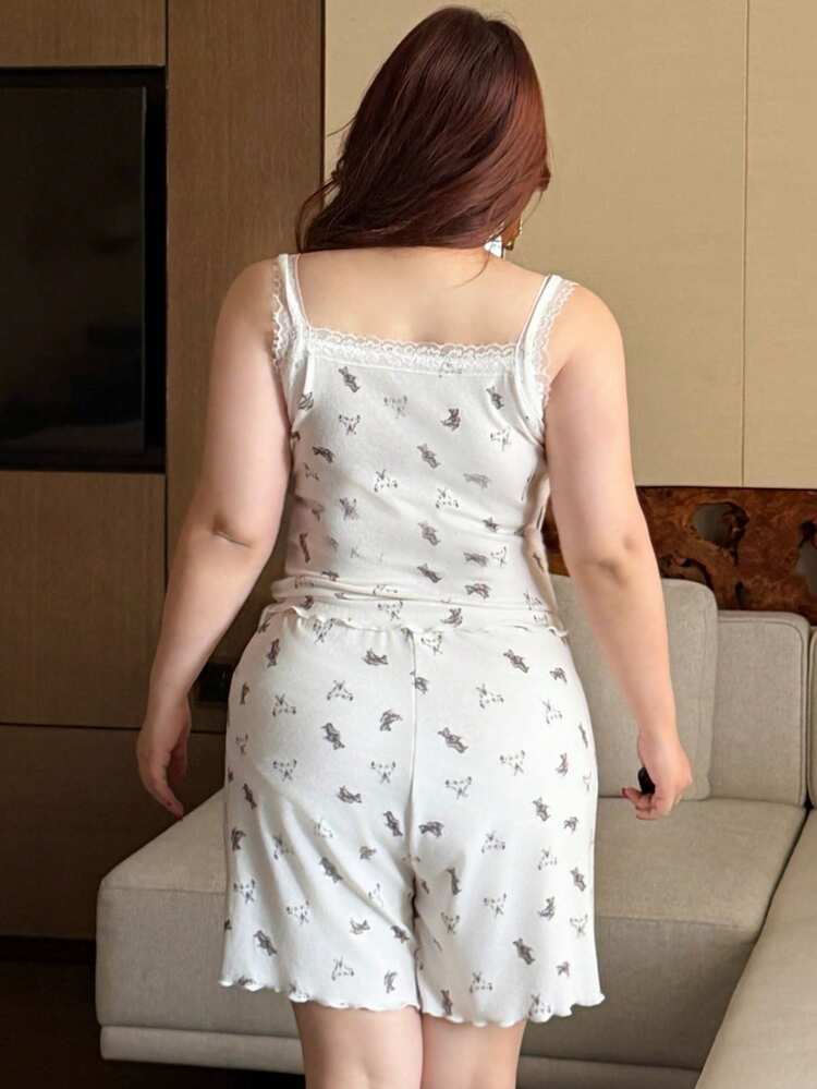 Dazy Plus 2pcs/Set Cute Bear Print Camisole & Shorts Pajama Set, Plus Size, Spring/Summer