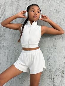 Pantalones cortos sueltos y elásticos de unicolor para deportes profesionales para niñas preadolescentes - Blanco - Ver 5