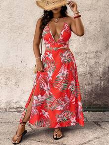 Breezaya Plus Size Women's Red Summer Tropical Print Backless Bow Tie Thigh High Slit Dress, Boho Satin Vacation Holiday Aloha Beach Party Wrap Around Outfits - Watermelon Pink - View 6