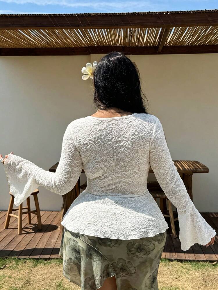 Dazy Plus Spring & Summer Casual Fashionable White Cardigan With Flared Sleeves, Ruffled Hem, Textured Pleated Details, Fitted Silhouette, Elegant For Valentine's Day, Wedding, Party, Plus Size White Lace Blouse