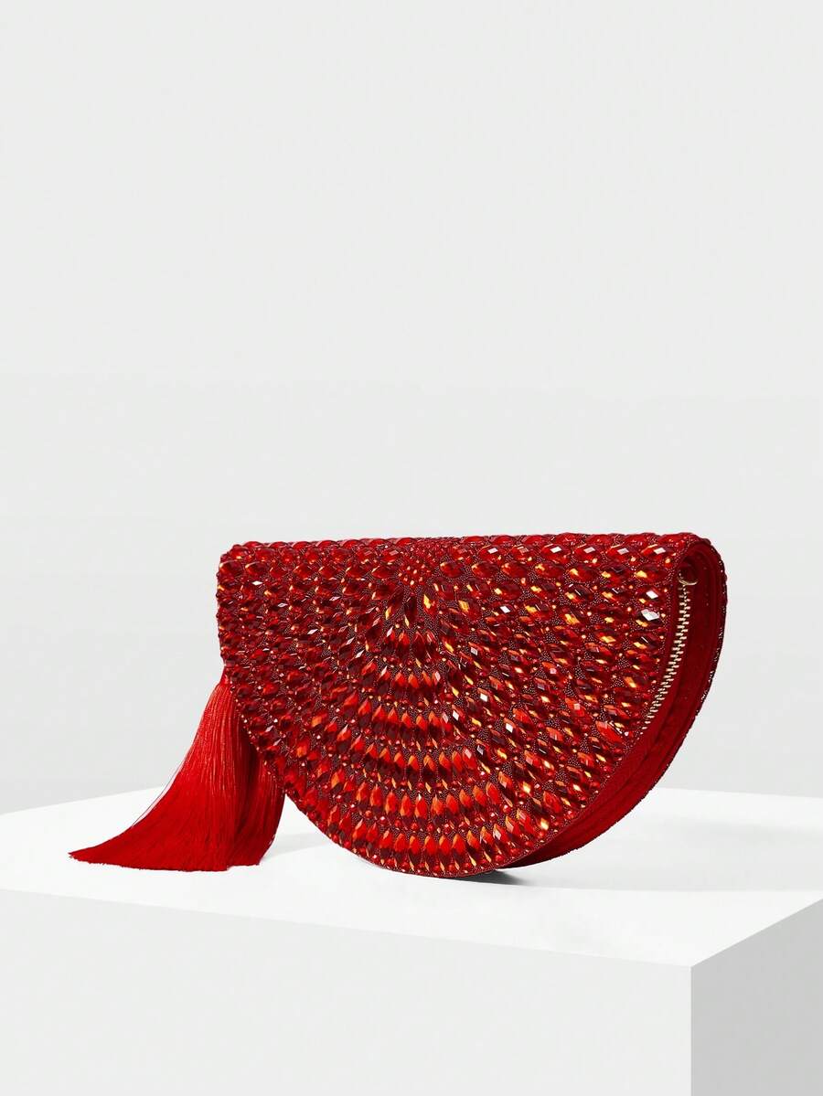 MOTF HANDMADE BEADED EVENING BAG, BLACK TASSEL CLUTCH, ELEGANT CHAIN SHOULDER CROSSBODY BAG, BEADED BAG - Red - View 2