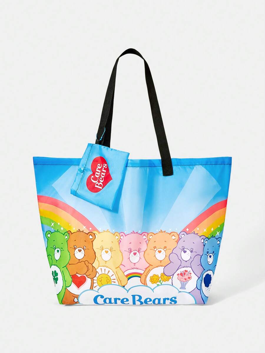 SHEIN X Care Bears 1件時尚輕便可折疊印花托特包,購物袋,便攜式單肩包,卡片收納包,適用旅行與購物等 - 多色-彩虹色 - 查看 1