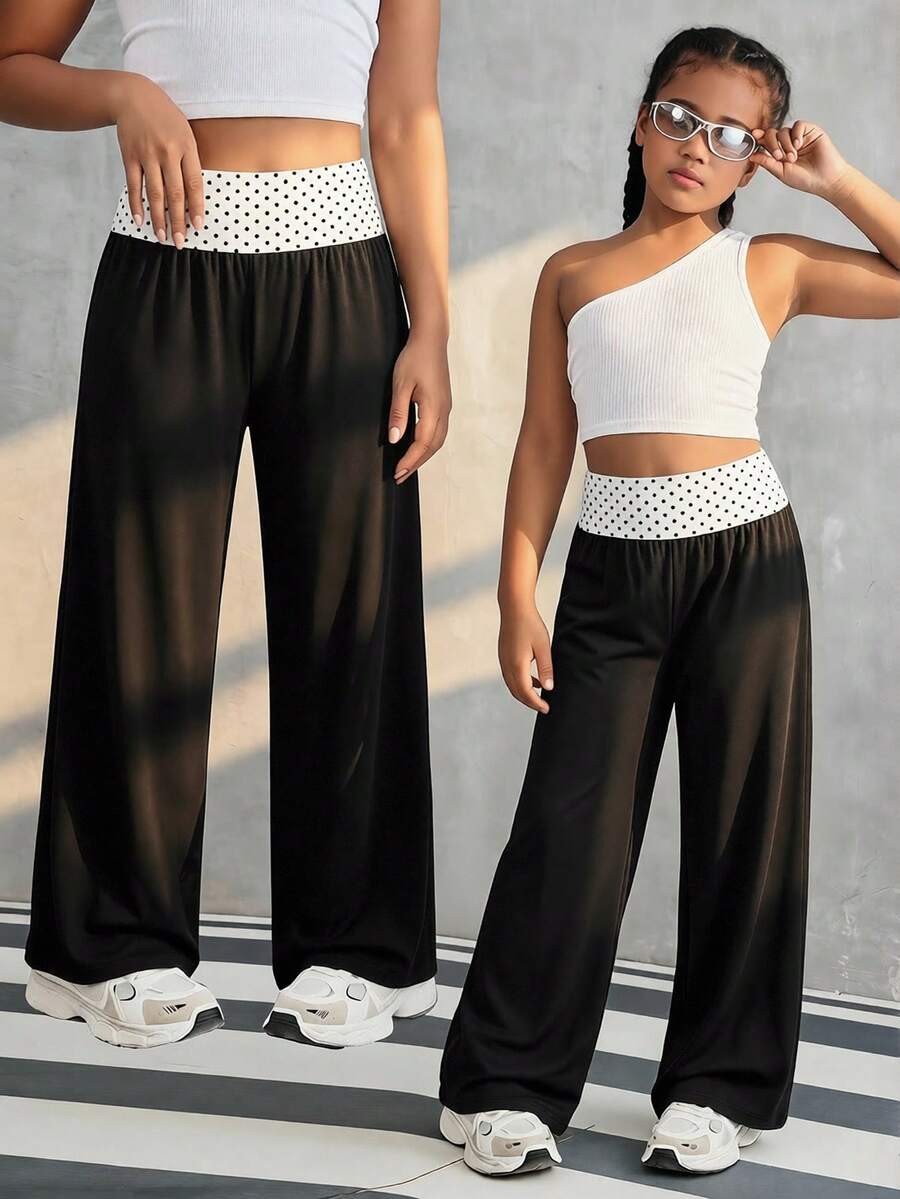 Pantalones rectos casuales negros para niñas, con cintura ancha a lunares blanco y negro en patchwork - Blanco y Negro - Ver 1
