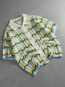 ROMWE MEN Men's Summer Wave Pattern Hollow Knit Cardigan, Short Sleeve Contrast Color Collar Casual Vacation Lightweight Top - Multicolor - View 6