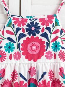 SHEIN Sparklyn Đầm hai dây cho bé gái tuổi teen, dáng ôm eo, viền bèo nhún, họa tiết hoa, có đường viền trang trí, thích hợp mặc hàng ngày, đi du lịch, chụp ảnh, dã ngoại mùa hè. - Màu Hồng Tươi - Xem 3