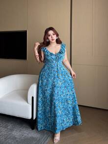 Vibekara Plus Size Summer V-Neck Ruffle Hem Blue Ditsy Floral Dress - Blue - View 6