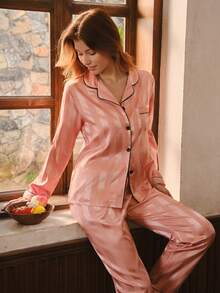 Bisouelle Bộ đồ ngủ nữ tay dài và quần dài kẻ sọc jacquard, thích hợp cho mùa thu đông. - Hồng - Xem 4