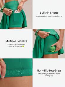GLOWMODE Váy tennis mini FeatherFit™-Air CourtTwist thấm hút mồ hôi, nhanh khô, chống nắng UPF50+, gấu váy cong, có quần short bên trong, túi hai bên và túi lưới đựng bóng tennis, thích hợp mặc hàng ngày khi chơi golf hoặc tennis. - màu xanh lá - Xem 4