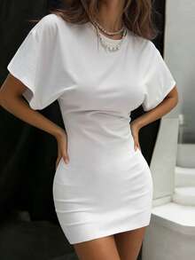 EMERY ROSE Summer Casual Solid Color Batwing Sleeve Mini Dress - White - View 2
