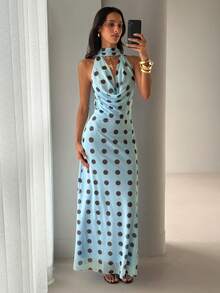 Aloruh Vestido de mujer con cuello drapeado, línea A, fluido y con lazo en la espalda, color amarillo - Azul - Ver 4