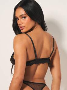MISSGUIDED Lace Mesh Dot Two Piece Lingerie Set Bralette With Thong Intimate Valentine Date Night Collection - Black - View 2